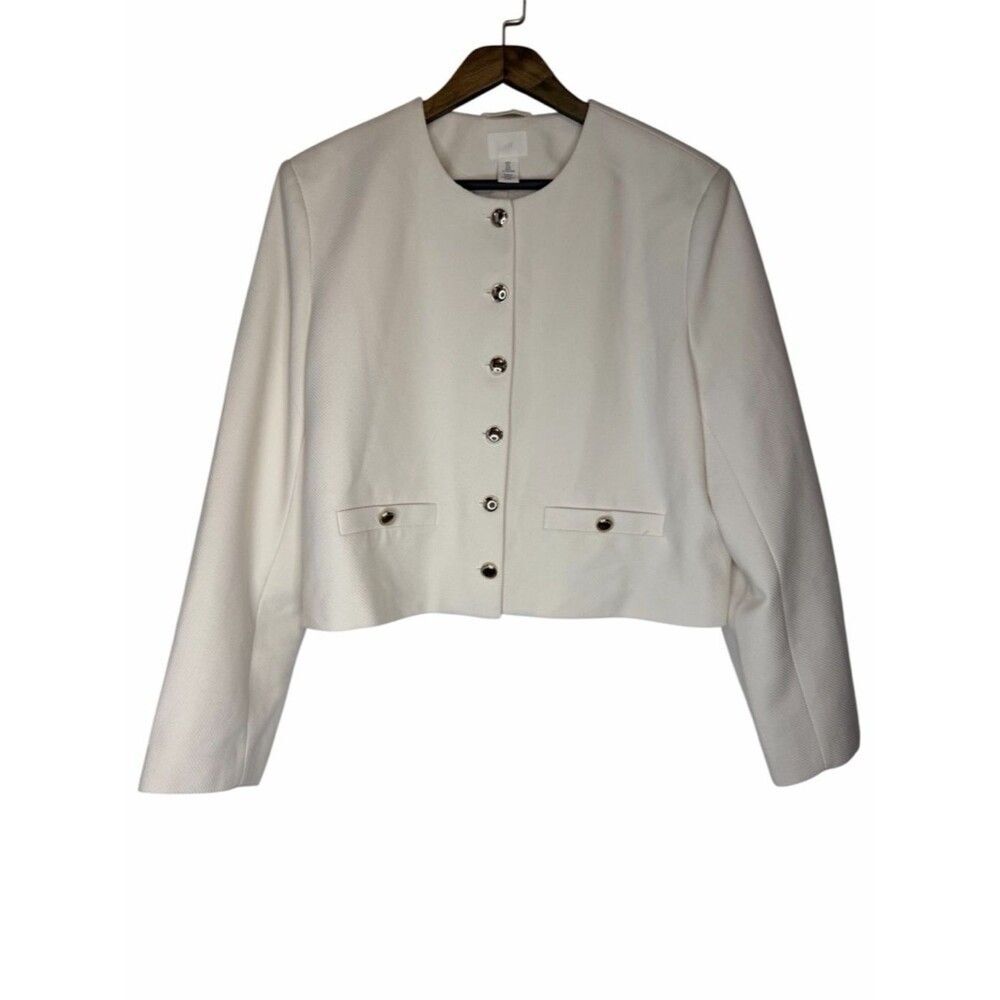 H&M Cropped Round-Neck Button Front Jacket size Large Cream Blazer Career Office